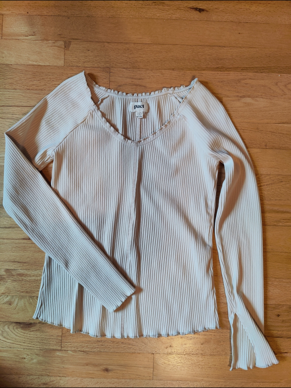 Pact Women's Ribbed Long-Sleeve V-Neck Top in Light Cream - Picture 1 of 6